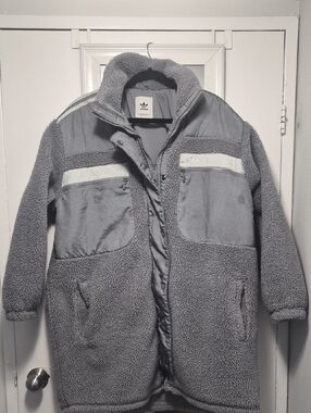 Adidas Gray Sherpa Hooded Coat with Contrast Panels